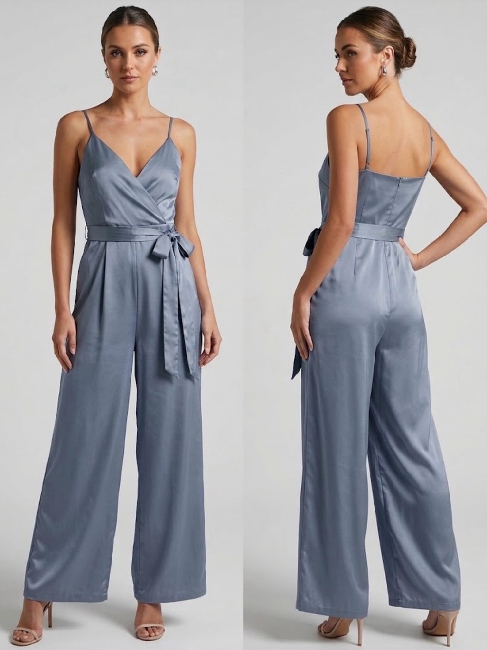 Cider Satin Wrap Jumpsuit in Steel Blue